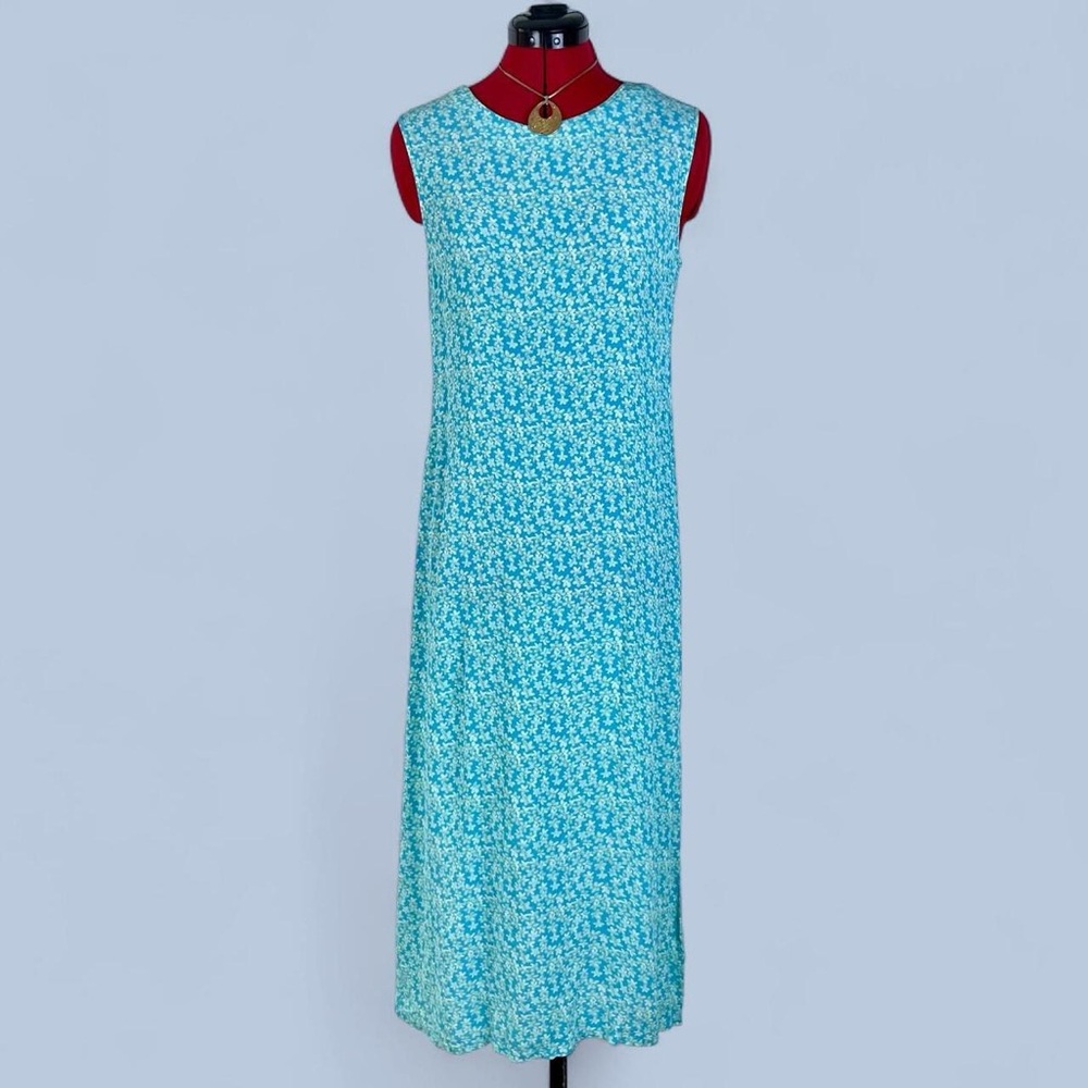 90s Vintage Aqua Floral Midi Dress
